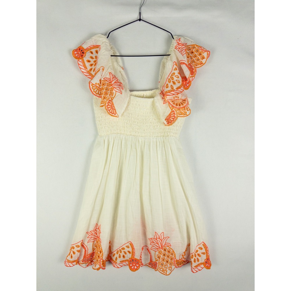 Anthropologie Cotton Embroidered Fruit Smocked Mini Dress Womens XS Cream Orange